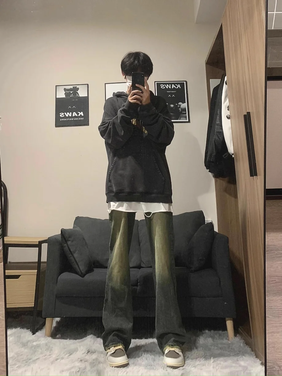 

American Retro Cleanfit Men's Jeans Autumn Winter High Street Vibe Sle Loose Straight Leg Micro Flared Long Pants