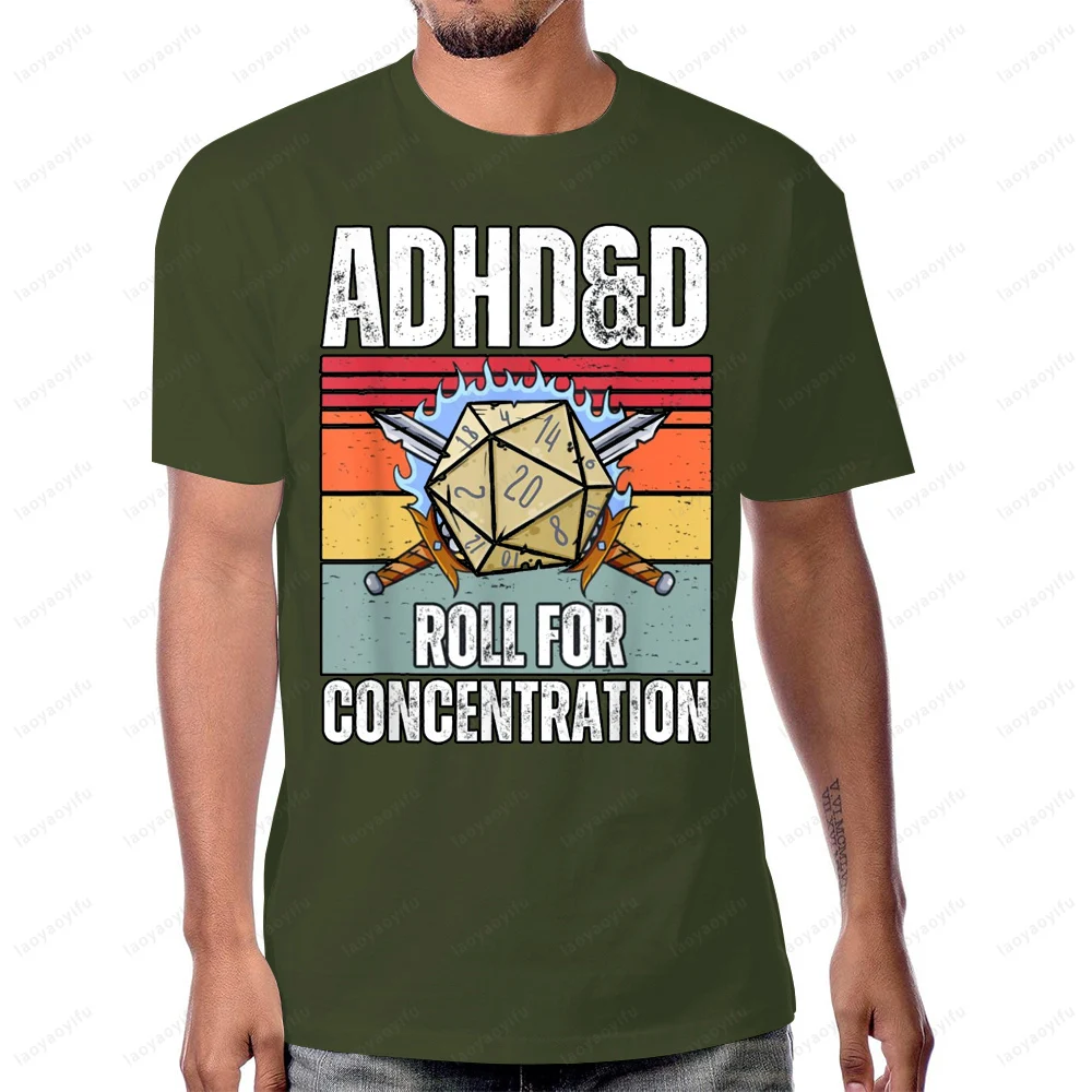 Retro Vintage ADHD&D Roll for Concentration Funny Dungeons and Dragons Gamer T-Shirt Cotton Casual Fashion Short Sleeve Man Tees