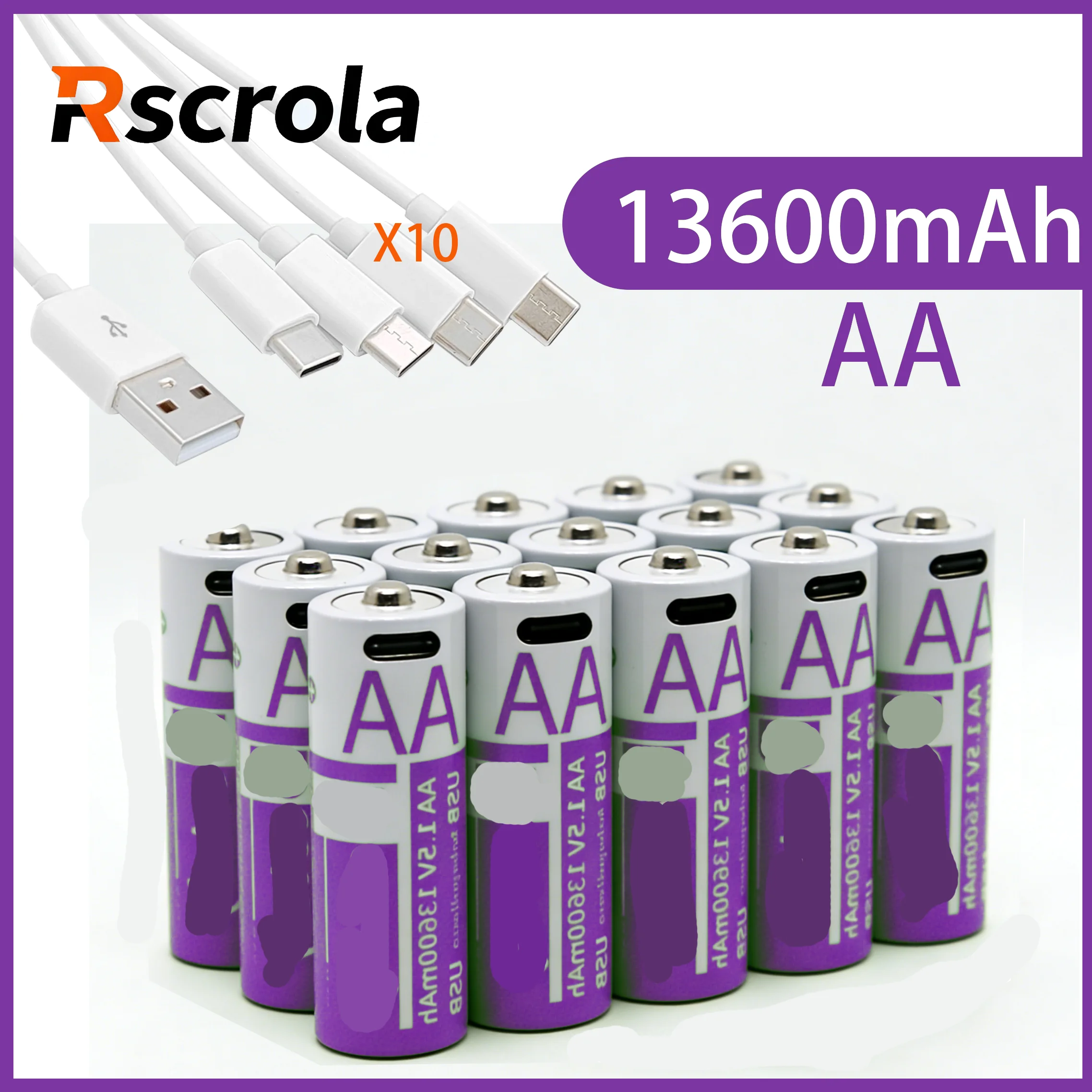 

Rscrola 1.5V AA 13600mAh USB Rechargeable Lithium Battery Fast Charging Li-ion AA Battery 2000Cycles with Type-C Port