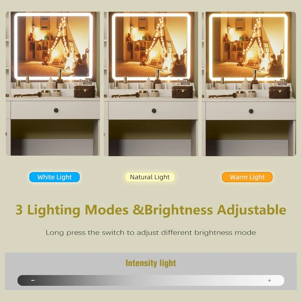 مكتب مكياج نسائي مع مرآة و11 مصباحًا، ومصابيح هوليوود أكثر إشراقاً بثلاثة ألوان، وطاولة زينة مع أدراج وطبقات كبيرة