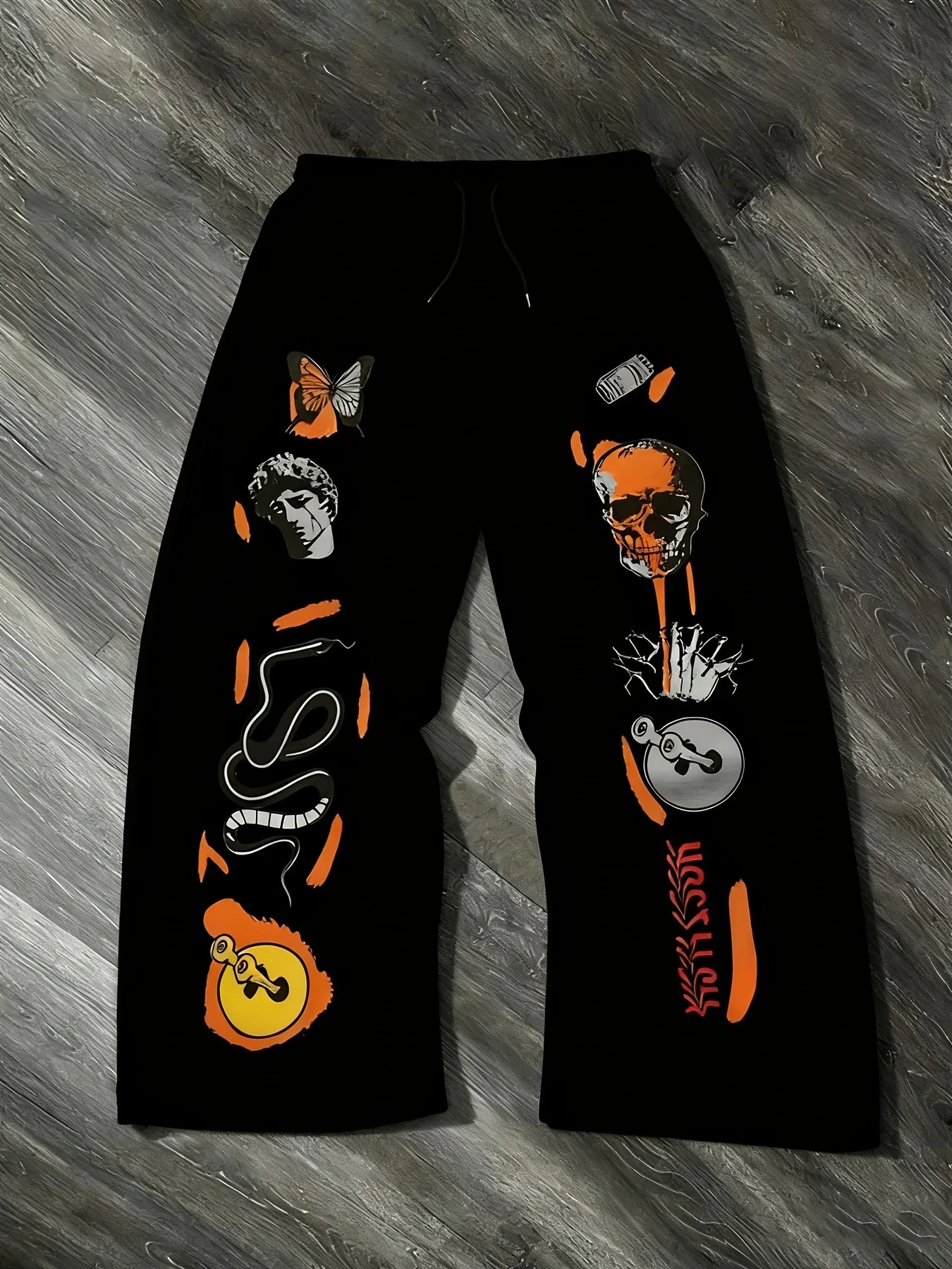Men Gothic Vertical Graphic Wide Leg Sweatpants Drawstring Loose Straight Baggy Y2K Dark Punk Streetwear Pants.
