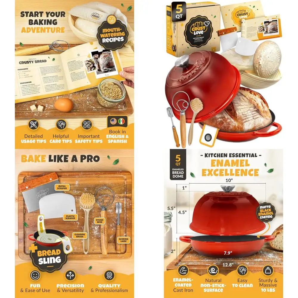 

Enamel Cast Iron Bread Pan with Lid - 5QT Sourdough Starter, Dough Whisk, Scoring Lame, and Bread-Dome Accessories for Baking
