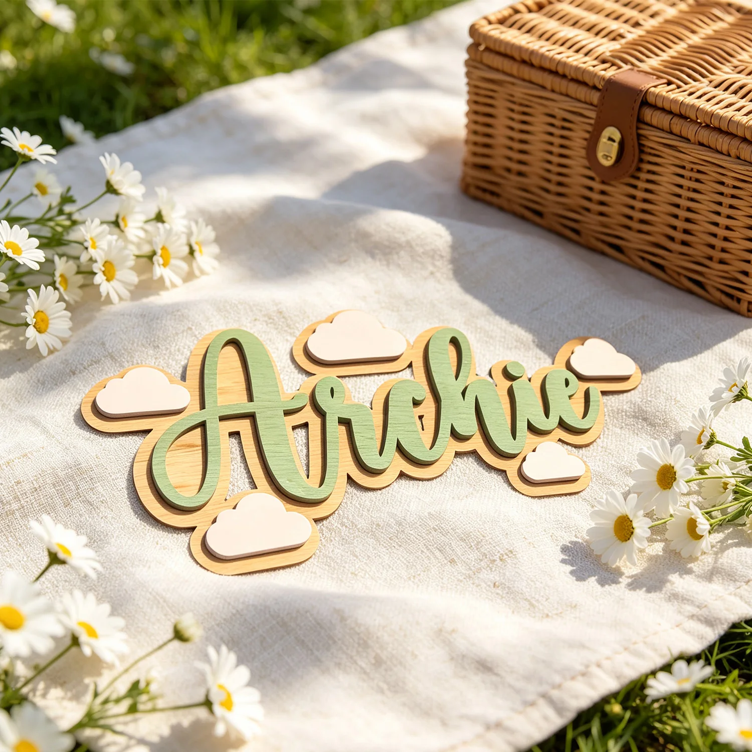 1pc Custom Cloud Double Layer Wooden Name Sign Personalized Cursive Text Wall Tabletop Indoor Farmhouse Home Decor Gift