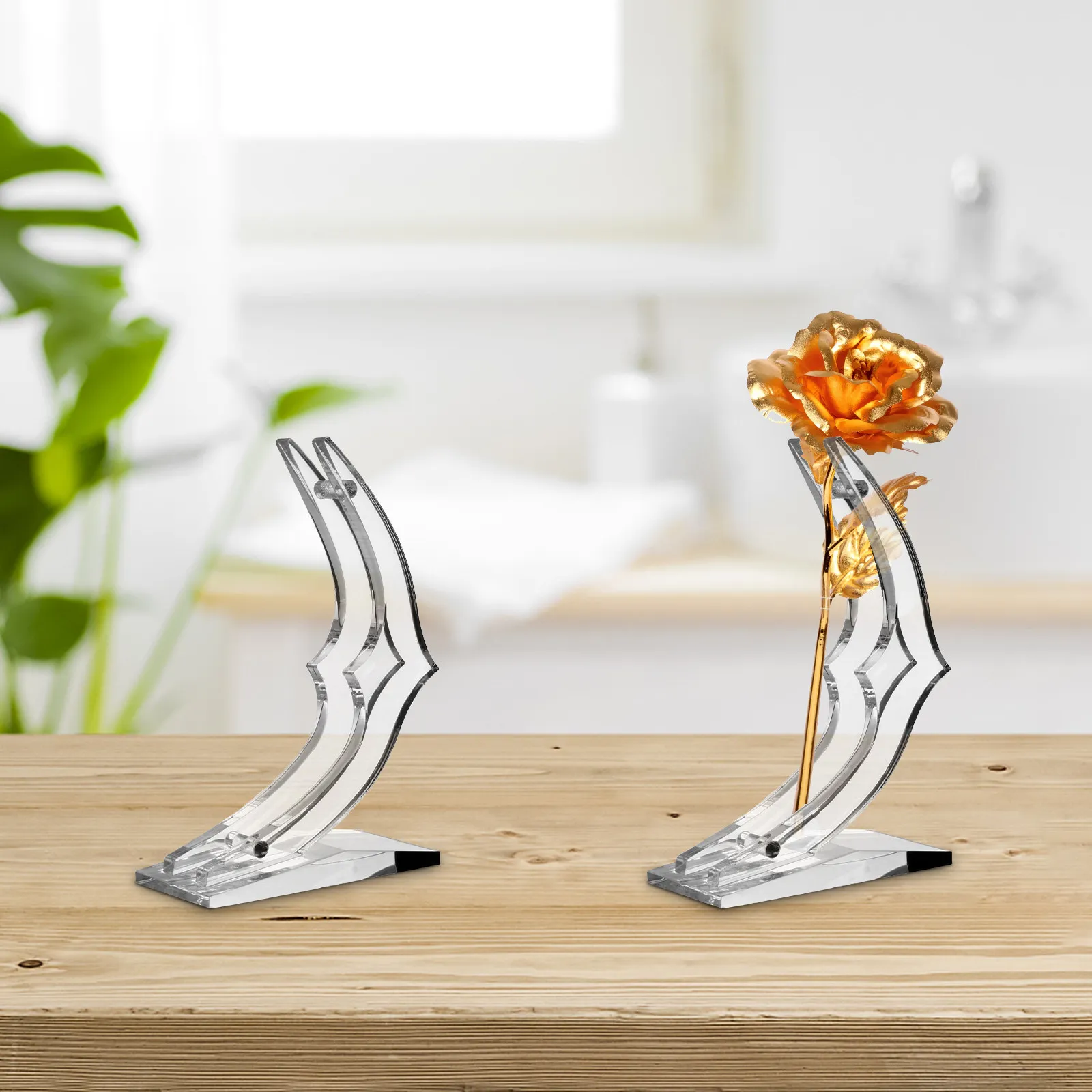 1Pcs Acrylic Rose Display Stand Gold Leaf Rose Holder Smooth Transparent Flower Stem Support Base for Home Decoration