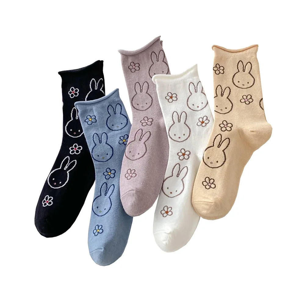 

5 Pair Cute Funny Cartoon Rabbits Women Socks Animal Print Street Style Fashion Middle Tube Socks Long Autumn Winter Woman Socks
