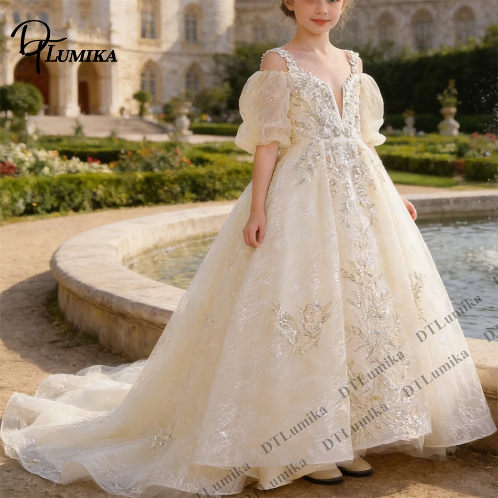 Embroidered Sequin Flower Girl Dress Off Shoulder Puff Sleeves Long Train Princess Gown for Wedding Birthday Child Formal Dress