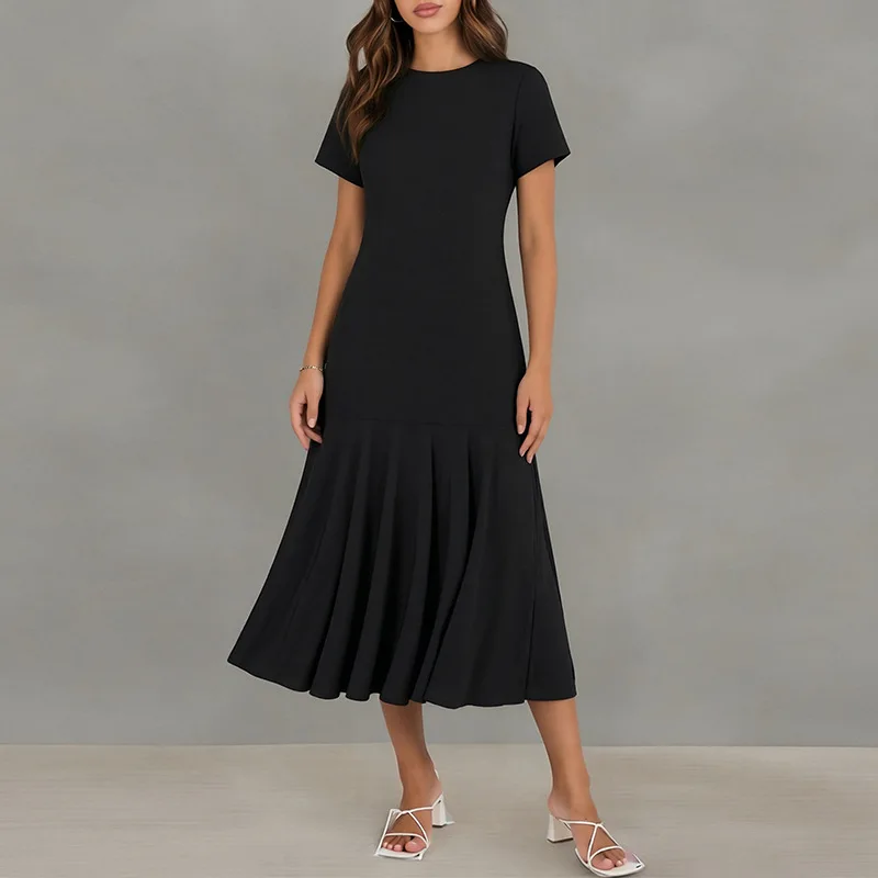 Women Summer Dress Elegant Solid Color Pleated Long Dress Dresses