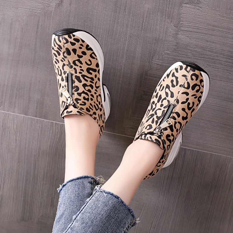 Hidden Heel Casual Platform Shoes Woman Sneakers Suede Slip on Shoes Women Height Increasing Flock Leopard Print Wedges Shoes