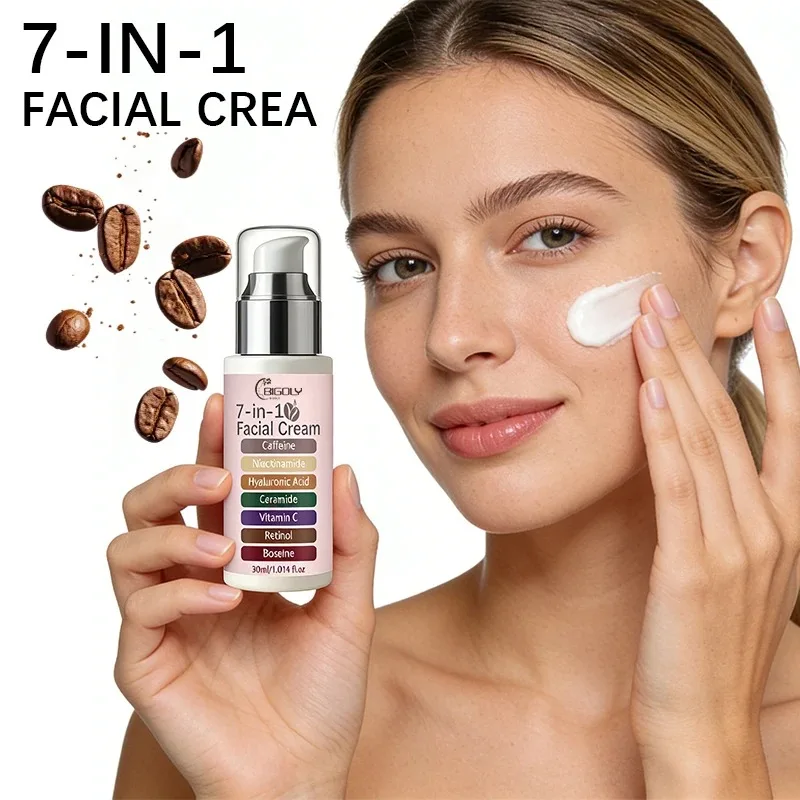 30ml 7-in-1 Essence Cream, Moisturizes and Firms the Skin, and Brightens the Complexion, Contains Caffeine, Niacinamide, Hyaluronic Acid, Ceramide, Vitamin C, Retinol, Etc., Suitable for Women's Daily Facial Care, Comes in a Press Bottle, Safe, Hygienic, and Easy to Carry