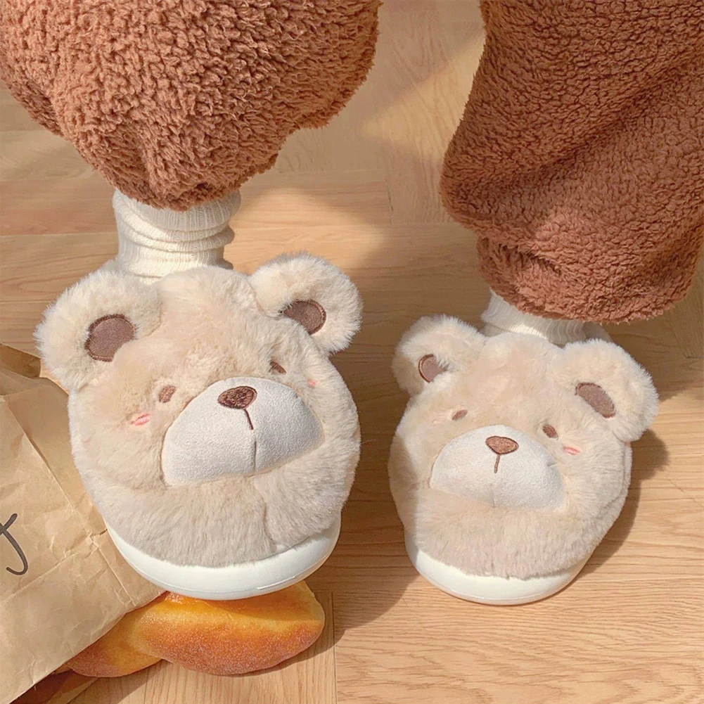 Plush Bear Slippers Fuzzy Indoor Slippers Anti Slip Soft Furry Slippers Cute Fluffy Preppy Slippers for Indoor Bedroom