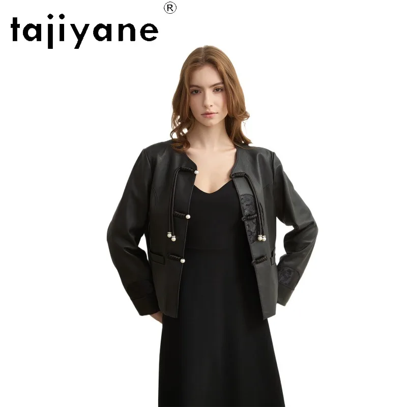 TAJIYANE 100% Sheepskin Genuine Leather Jacket Woman Black Leather Coat Round Collar Frog Buttons Jacket for Woman Short Jaqueta