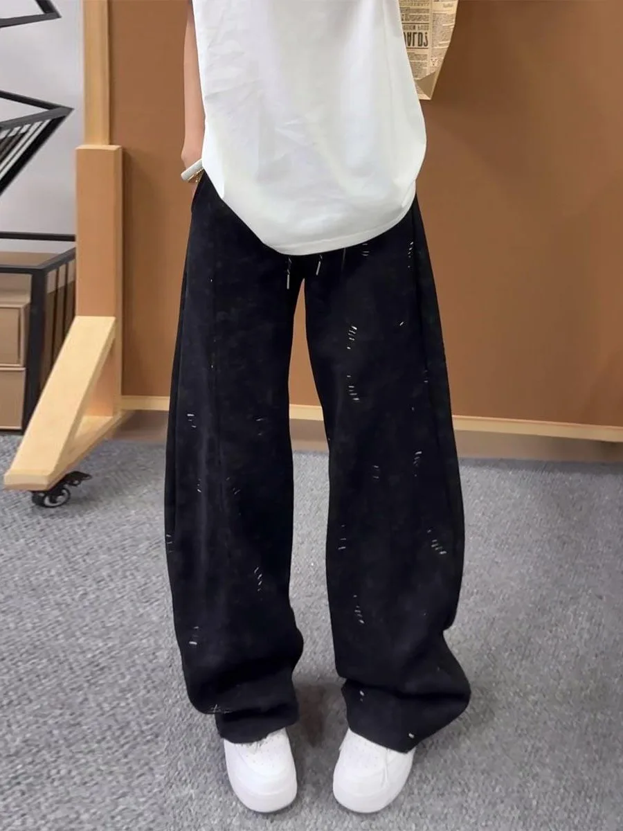 Loose Wide Leg Casual Pants Women's Spring Autumn New Large Size Fat MM Design Sense American Style Trousers High Waist Hole ...