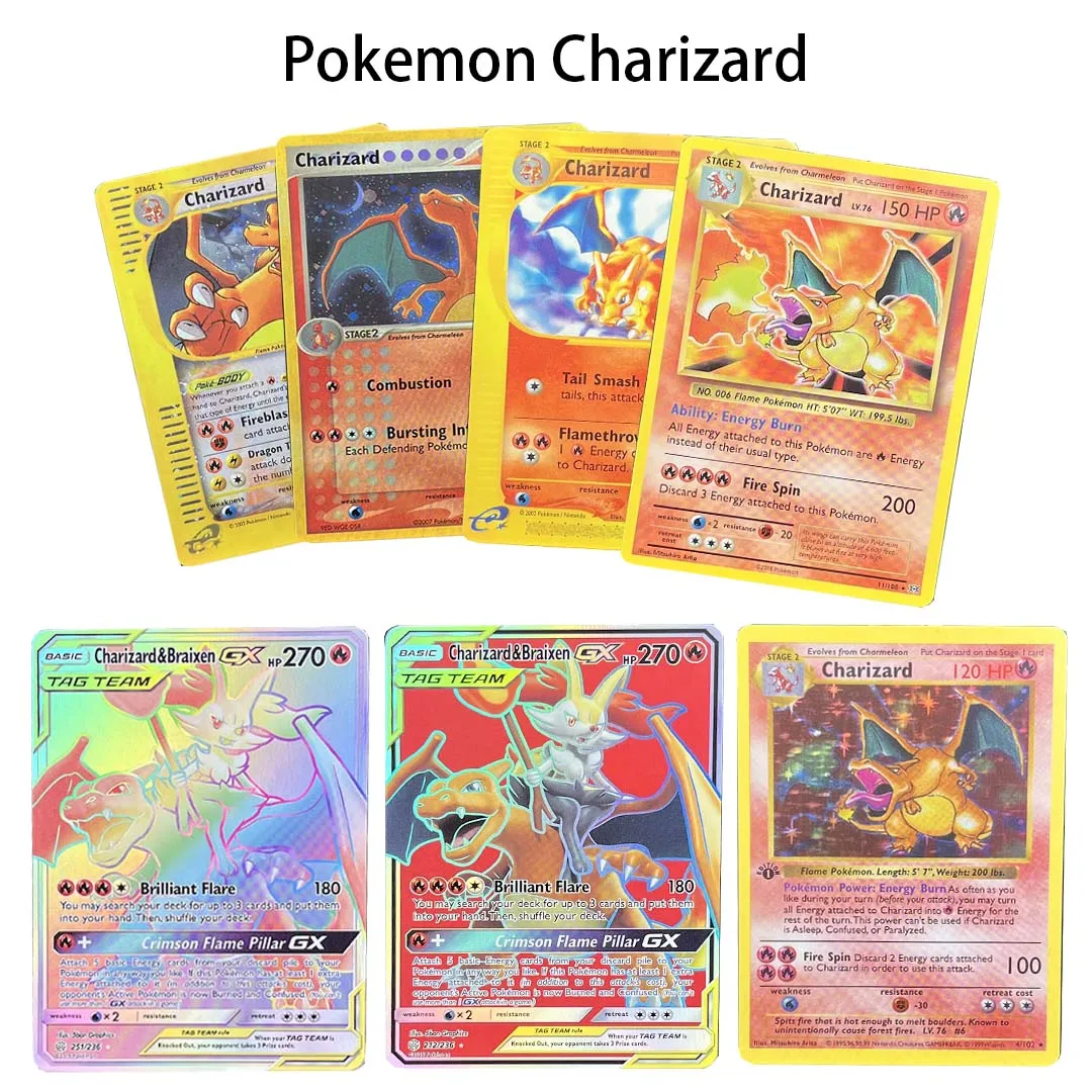 Pokémon TCG Charizard Proxy-Kartenset - 7 Stück Klassische & Moderne Charizard-Karten, Tag Team GX, Basisset, Expedition, Skyridge, Neo