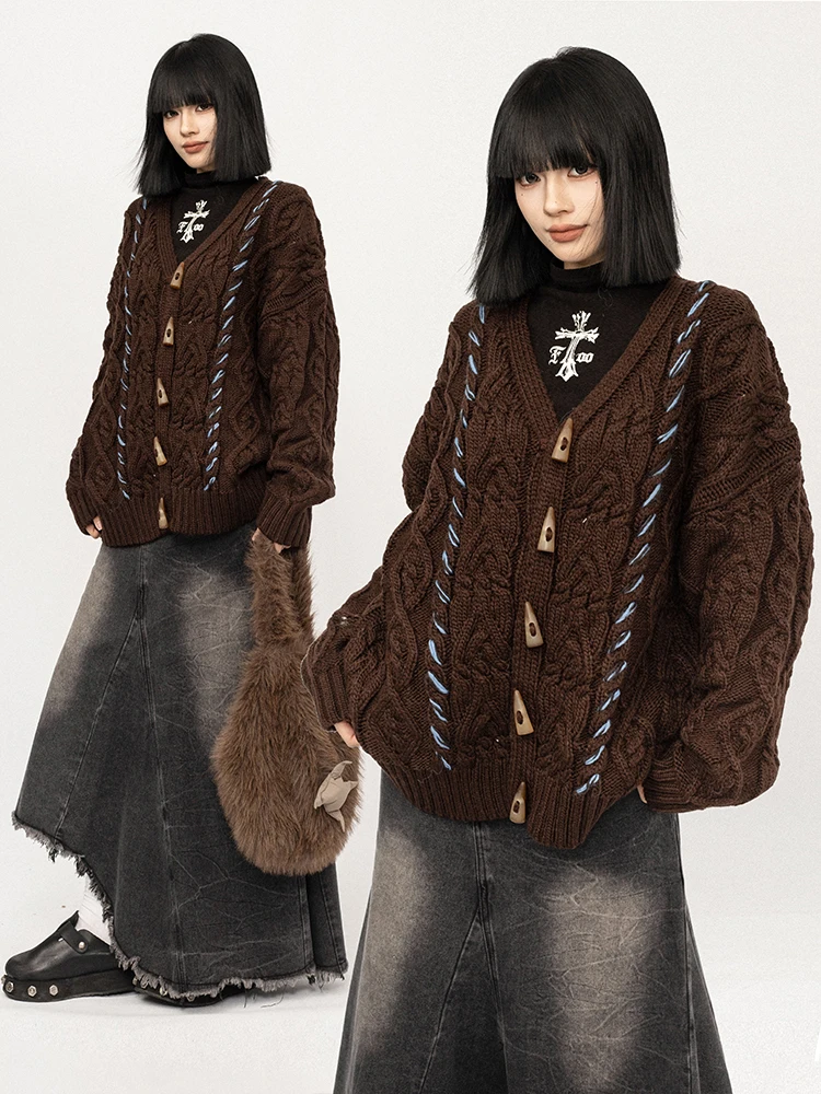 

OCTTFLAB American Retro Knitted Open Cardigan Women's Autumn Winter Thi Warm Loose Lazy Sle Sweater Outerwear Top