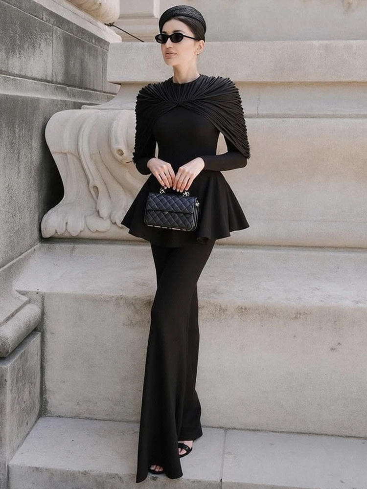 

Cutenew Fashion Elegant 2 Piece Set Women Folds Zipper Full Sleeve o-Neck Puffy Hem Tops+Simple Long Skirts Solid Banquet Suit