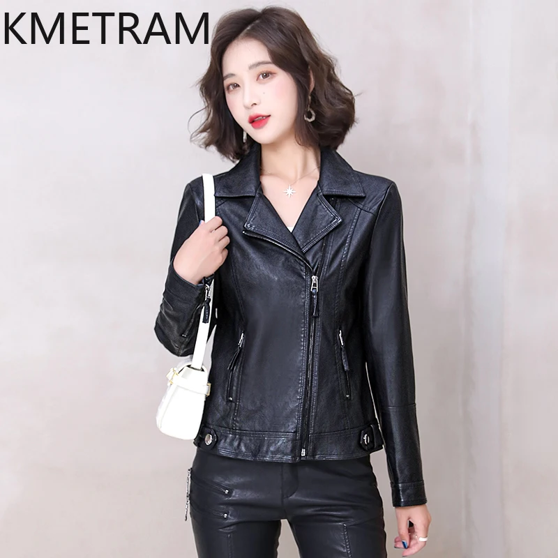 KMETRAM Natural Sheepskin Leather Jacket for Women Motocycle Short Coats Spring Autumn Versatile Women's Jackets Chamarra Mujer