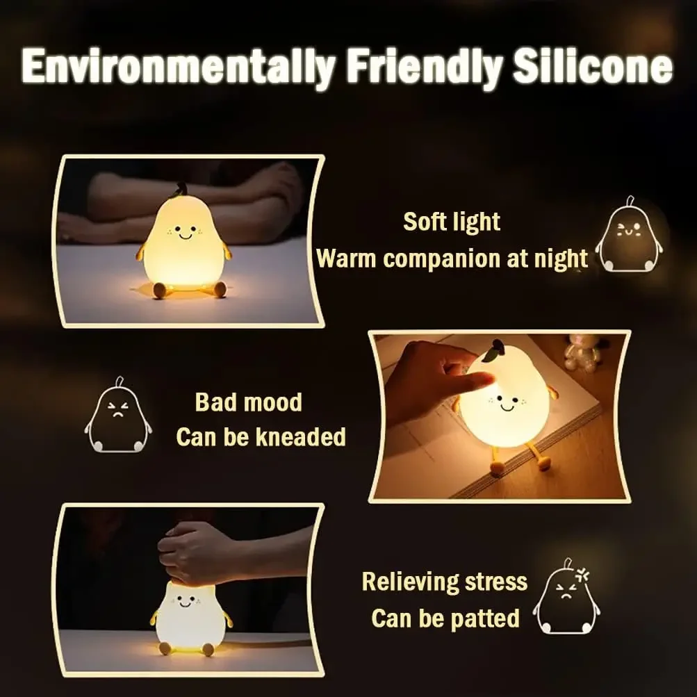 Lovely Mini Led Pear Silicone Lamp Pat Brightness Adjustment Soft Rechargeable Night Light for Kids Gift Room Decoration