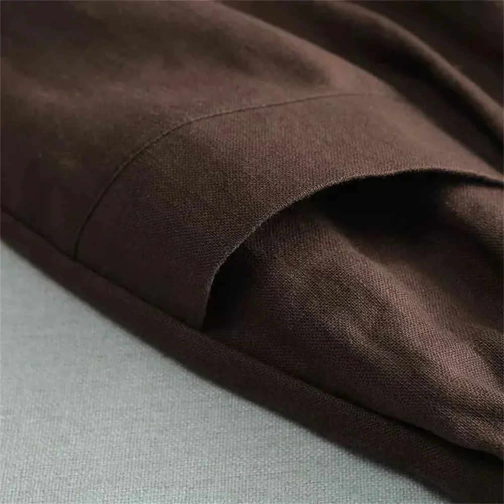 Linen-cotton A Line Skirt Women Elastic High Waist Midi Skirt Solid Summer Korean Side Pockets Falda Saias Casual Holiday Jupe