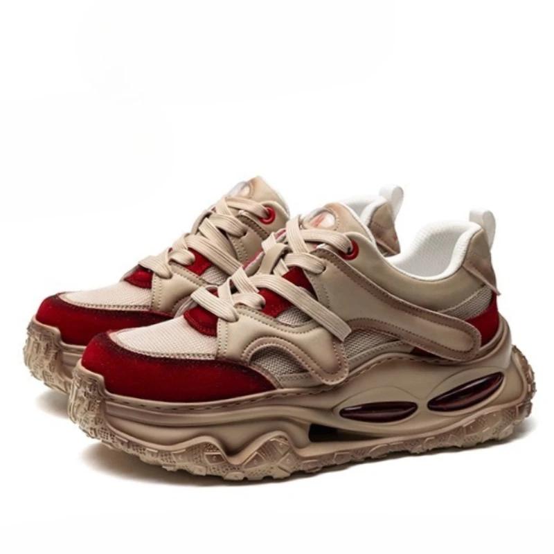 Men's Leather Fabric Comfortable Thick Bottom Breathable Sports Heightening Shoes European Casual Sneakers Red Daddy Shoes for