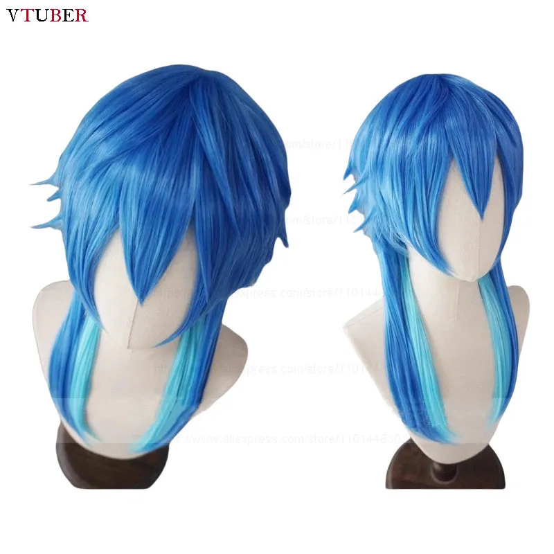 Peluca de Cosplay Seragaki Aoba Anime DMMD Seragaki Aoba Ombre Blue, pelo sintético resistente al calor, pelucas de fiesta de Halloween + gorro de peluca