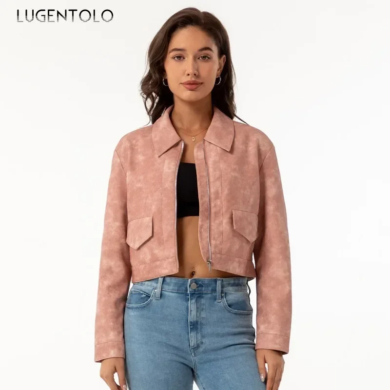 ผู้หญิง PU แจ็คเก็ตฤดูใบไม้ร่วง/ฤดูหนาว 2025 แฟชั่นหลวมหนัง Faux Cropped Coat Retro Lapel Zip เสื้อสเวตเตอร์ถักอเนกประสงค์ Street Wear