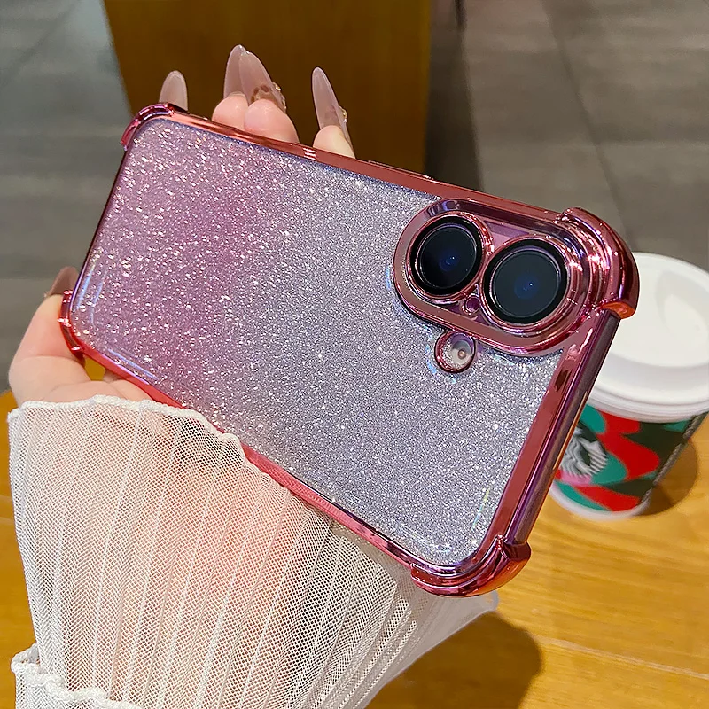 Glitter Plating Shockproof Case for IPhone 16 15 14 Pro Max 13 12 16 Plus Full Lens Film Protection Soft Silicone Back Caque