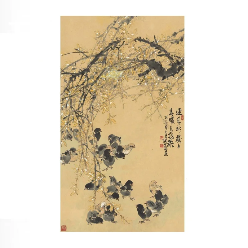A flock of chickens, flowers birds, Chinese Painting, Print Art Canvas Poster, For Living Room Decor, Home Wall Picture
