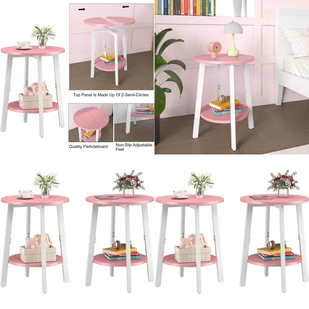 

Pair of Compact Round Side Tables with Storage Shelf, 2-Tier Bedside Stands for Living Room and Bedroom, Pink Accent Tables