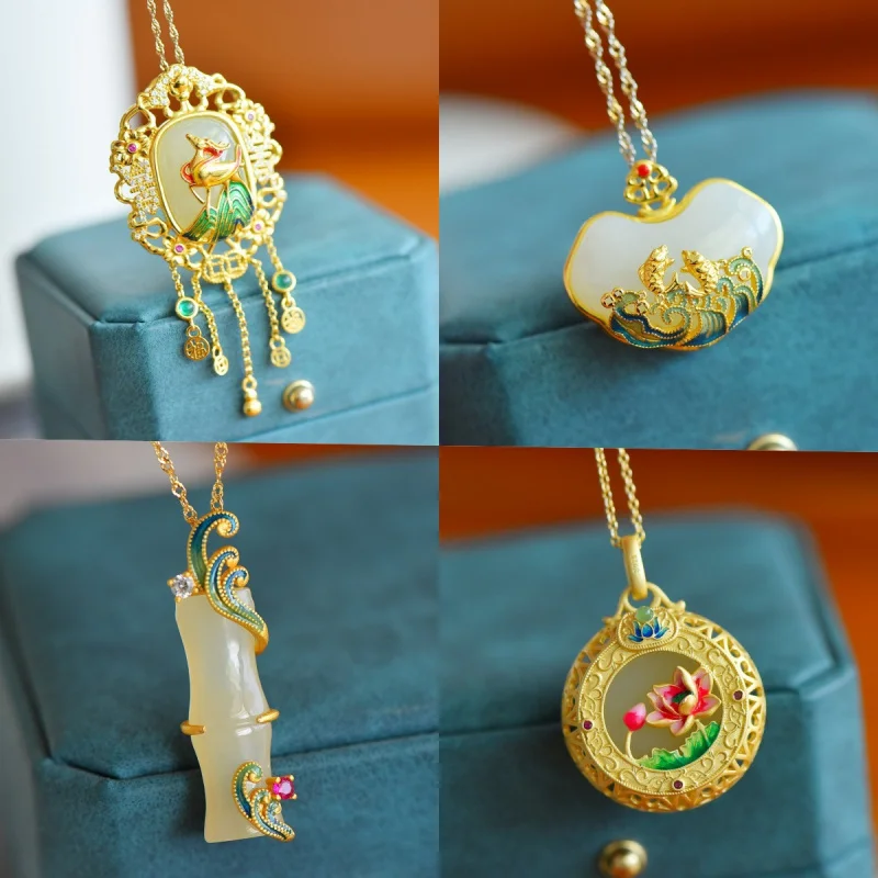 

Natural Hetian S925 Sterling Silver Inlaid White Jade Enamel Pendant Sweater Chain