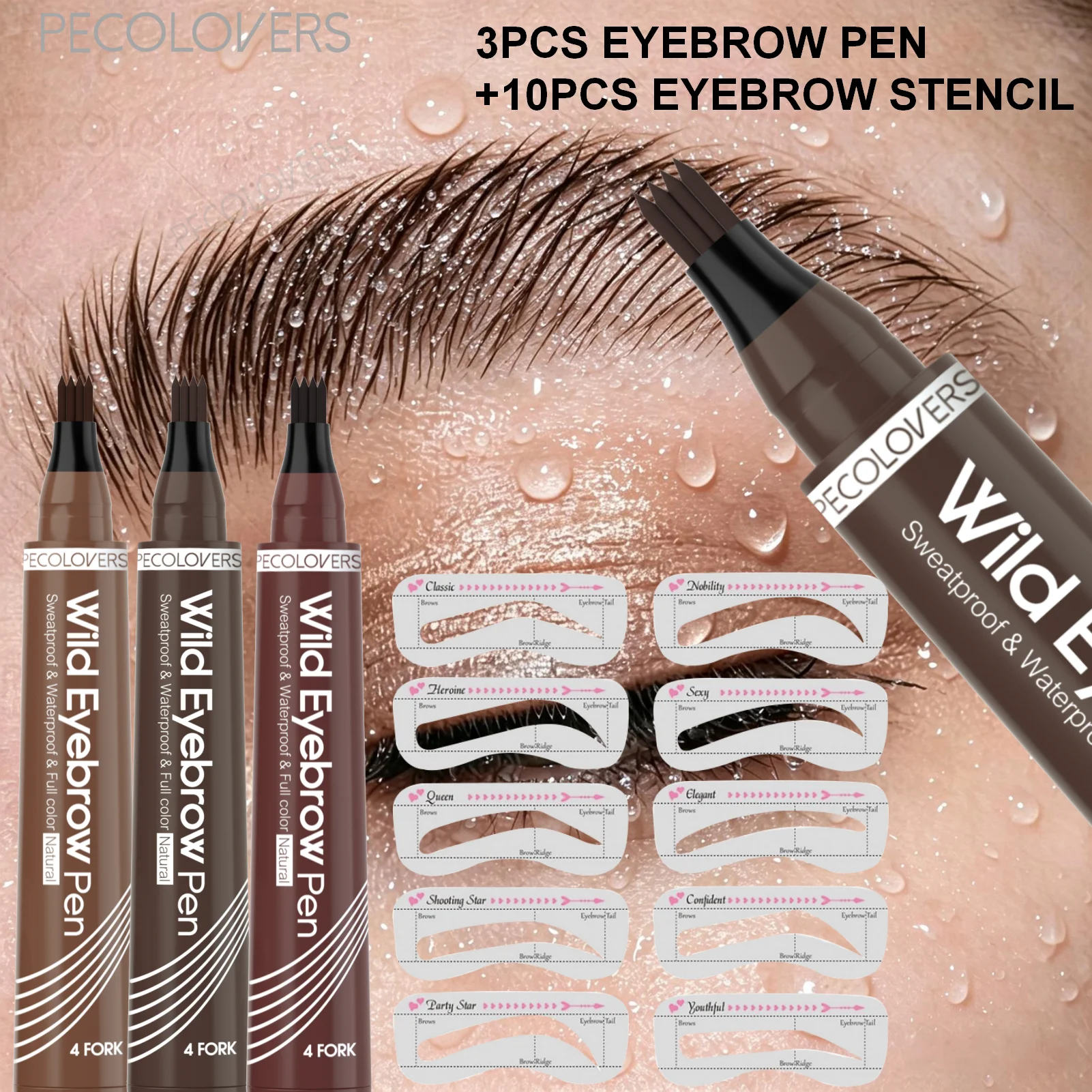 3PCS Waterproof Ultra-fine Eyebrow Pencil + 10PCS Eyebrow Card, Four-prong Tip Design, Quick-drying, Creates Natural Brow Makeup