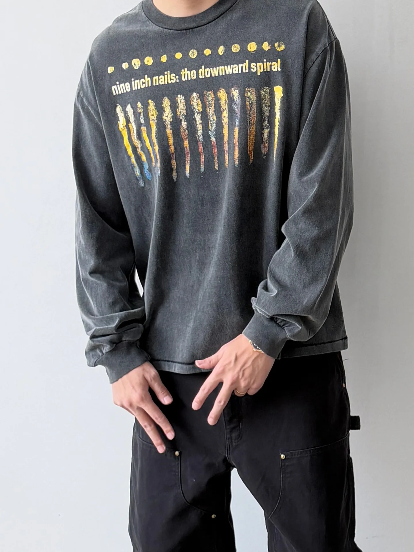 American Style Heavyweight Nine Inch Nail Letter Print Worn-In Washed Loose Long Sleeve T-Shirt for Men Casual Cotton Tee