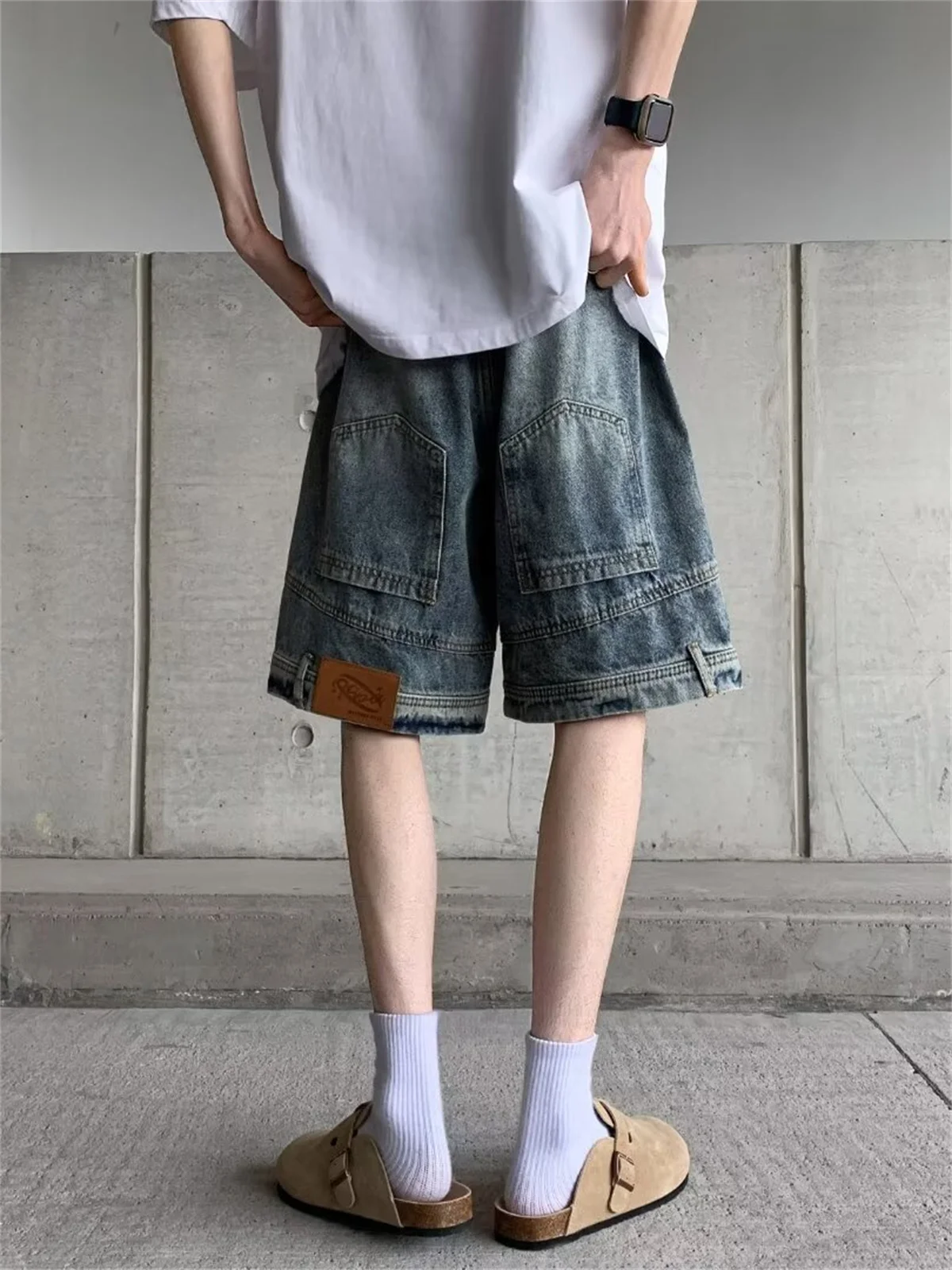 

American Sle Loose Fit Men's Denim orts Vintage Straight Leg Waist Reverse Design Casual Worn Five-Quarter Pants