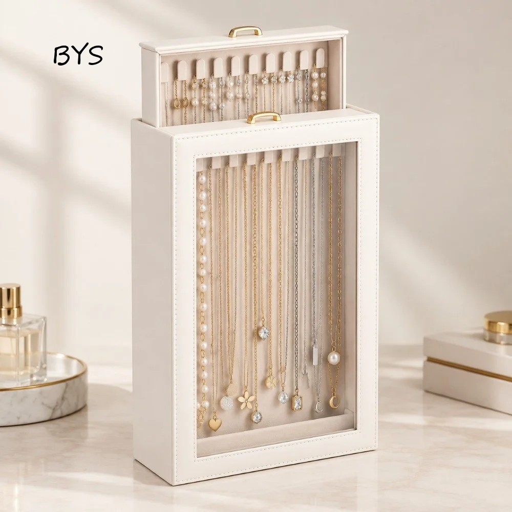 2 Layers Necklace Organizer Box Pull-Out Access Large Capacity Jewelry Display Case Clear Window portable Jewelry Storage Case
