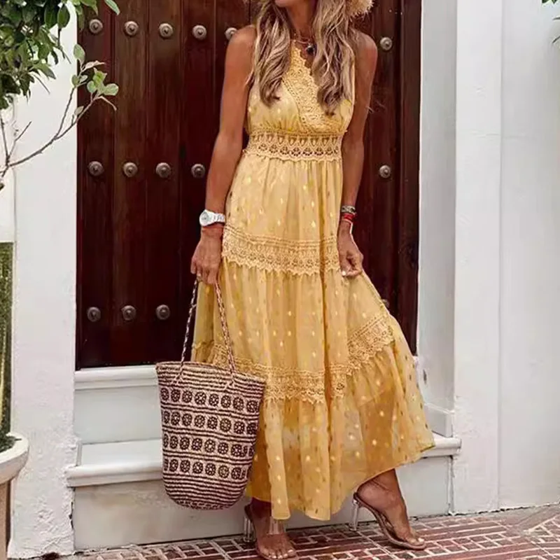 Casual Boho Holiday Women's Summer Long Dress Sexy Deep V Sleeveless Backless Beach Sundress Patchwork Elegant Maxi Dresses