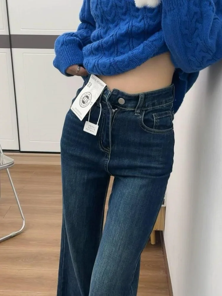 

Синие эластичные джинсовые джинсы с высокой талией в стиле ретро, женские осенне-зимние свободные утягивающие джинсы в американском стиле, маленький размер, микро-ф...