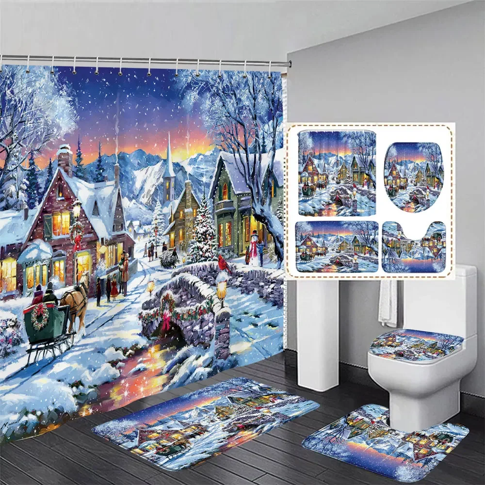 

Happy Christmas Shower Curtain and Rug Set Snowman Red Truck Santa Moose Gift Home Shower Curtains Bath Mat Bathroom Decoration