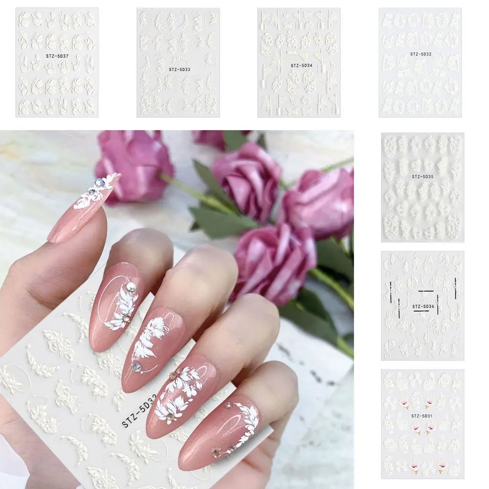 Wedding Design Self-Adhesive Slider Decals Nail Stickers Embossed 5D Flowers Leaves