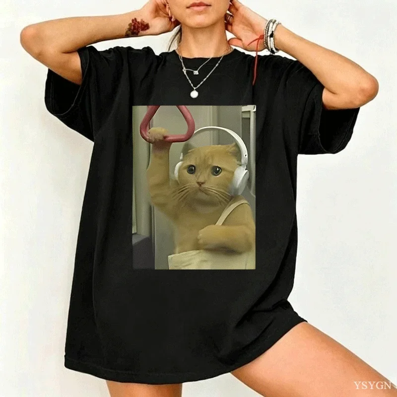Subway Cat Meme T-shirt Gen Z Joke Stupid Brainrot Cat Lover Gift T-shirts Funny Kitty Cool Cotton Short Sleeve T-Shirts Unisex