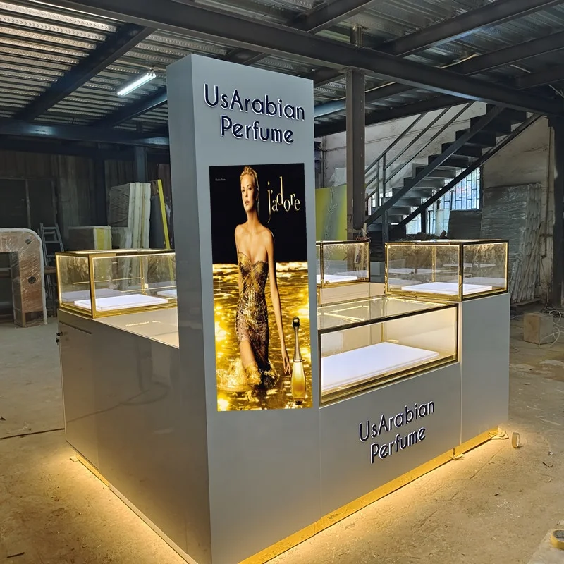 

custom.China Manufacture Perfume Shop Showcase Booth Perfume Display Stand Small Perfume Kiosk for Mall