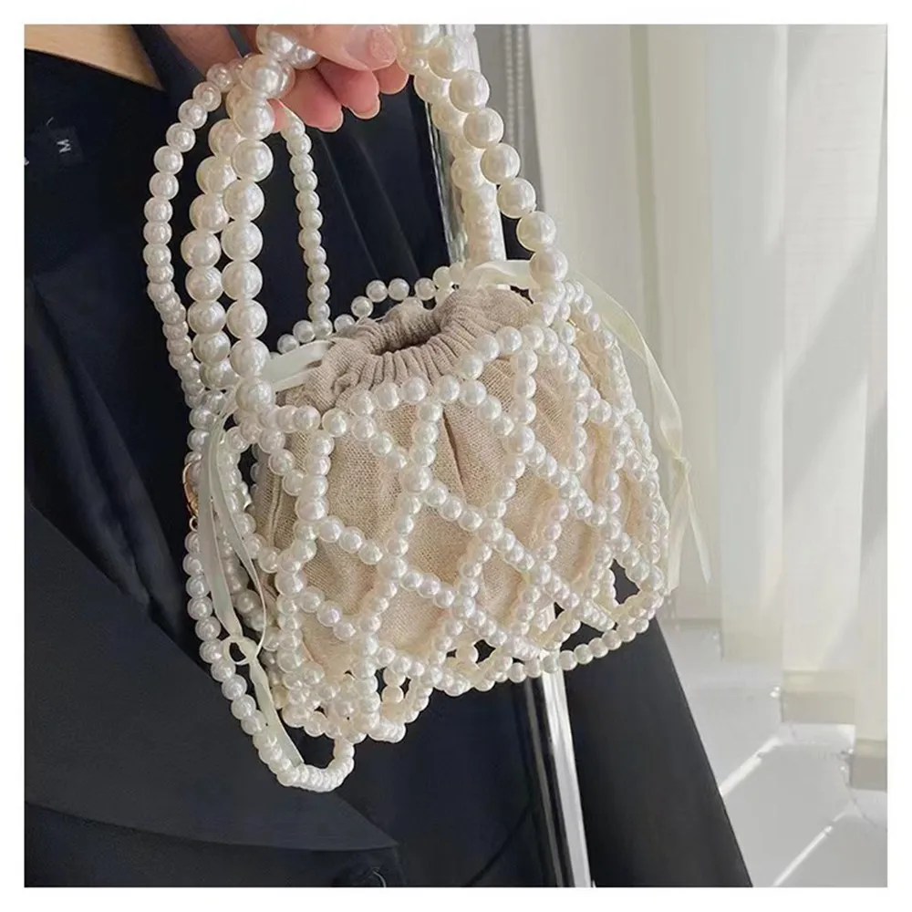 Bolso cruzado de perlas personalizado para mujer, bolsos de hombro tejidos huecos, bolso de mano para niñas, bolso femenino portátil