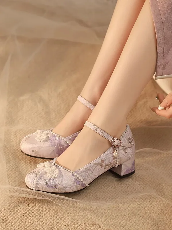 New Chinese Style Purple High Heels Embroidered Shoes for Engagement Party Fashionable Thick Heel Slip-On Women's Shoes