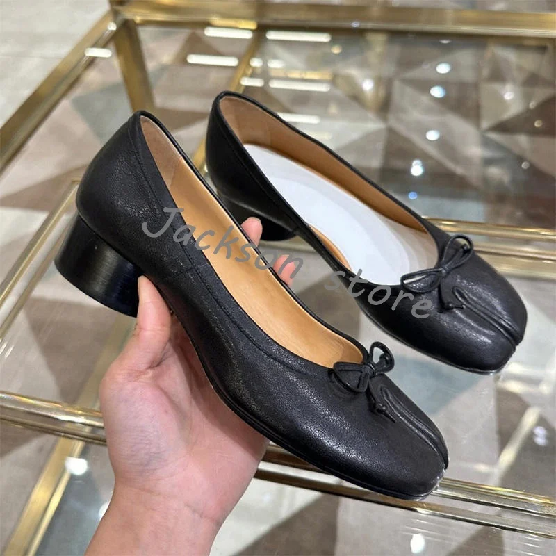 Designer Genuine Leather Split Toe Loafers Women Shallow Bows Slip On Dress Ballet Shoes Round Heel Comfort Female Tabi Shoes