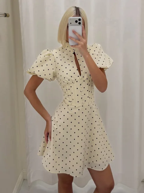 Retro Polka Dot Mini A-line Dress Women Elegant Stand Collar Puff Short Sleeve Waist-cinching Dresses Lady Party Robe 2026 New