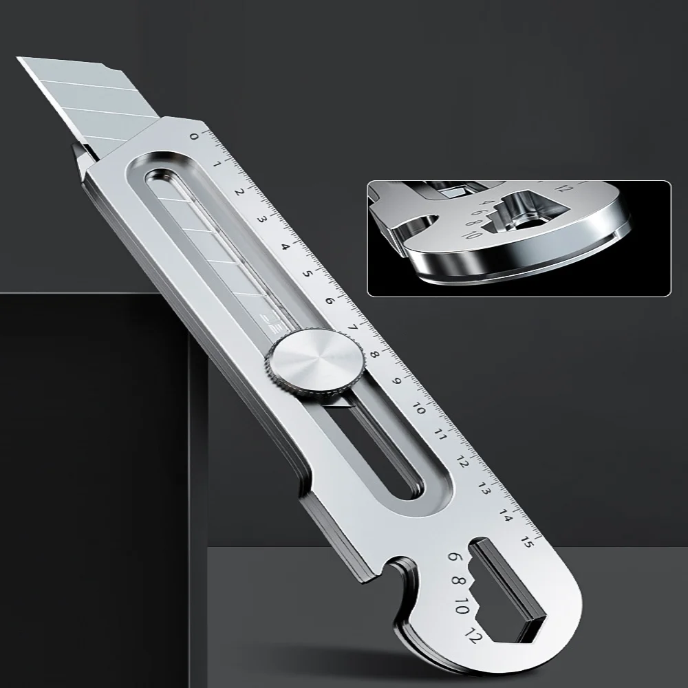6 in 1 Multifunction Stainless Steel Utility Knife Tail Break Design/Ruler/Bottle Opener Retractable Box Cutter Art Supplies
