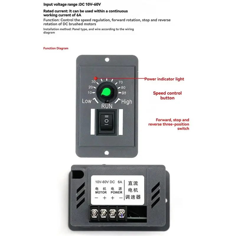 WCS-PWM DC Motor Speed Controller Manual Operation 12V 24V 48V DC Motor Speed Regulator Bidirectional Three-Speed Switch