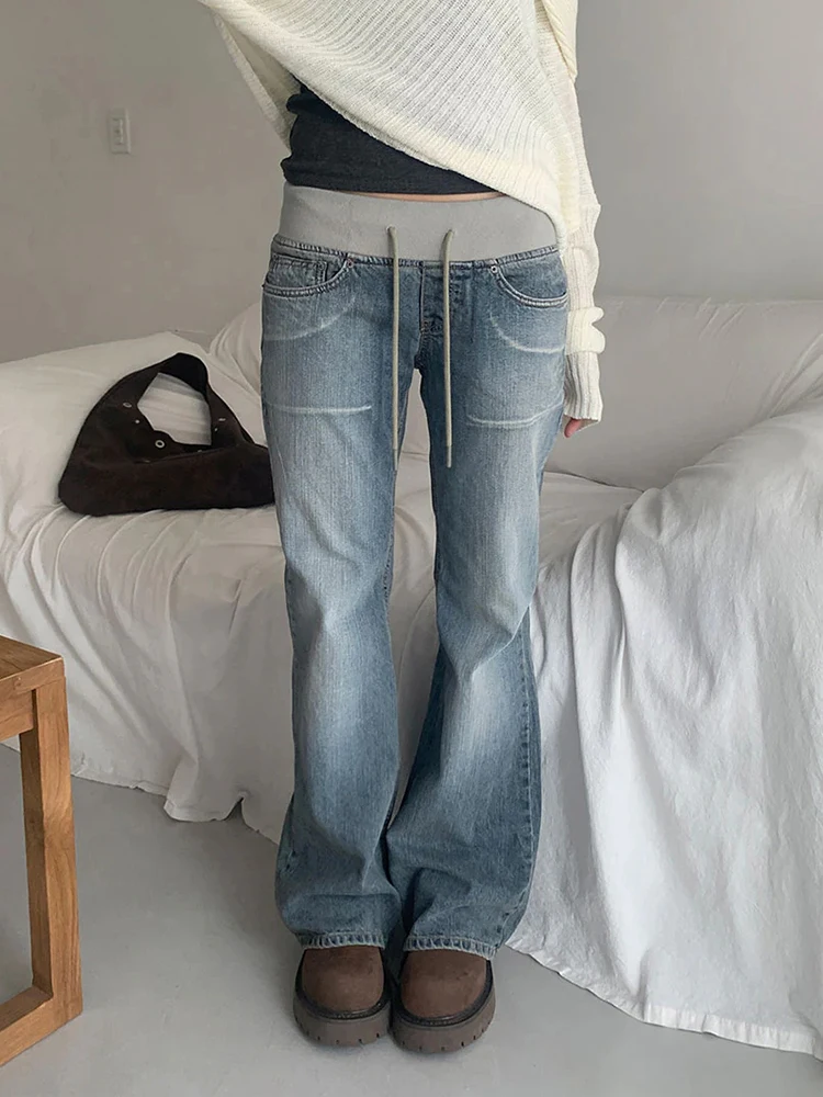 ReddaChic Binding Bootcut Women Denim Pants Korea Versatile Elastic Waist Wide Leg Rib Knit Flared Jeans Y2K Causal Streetwear