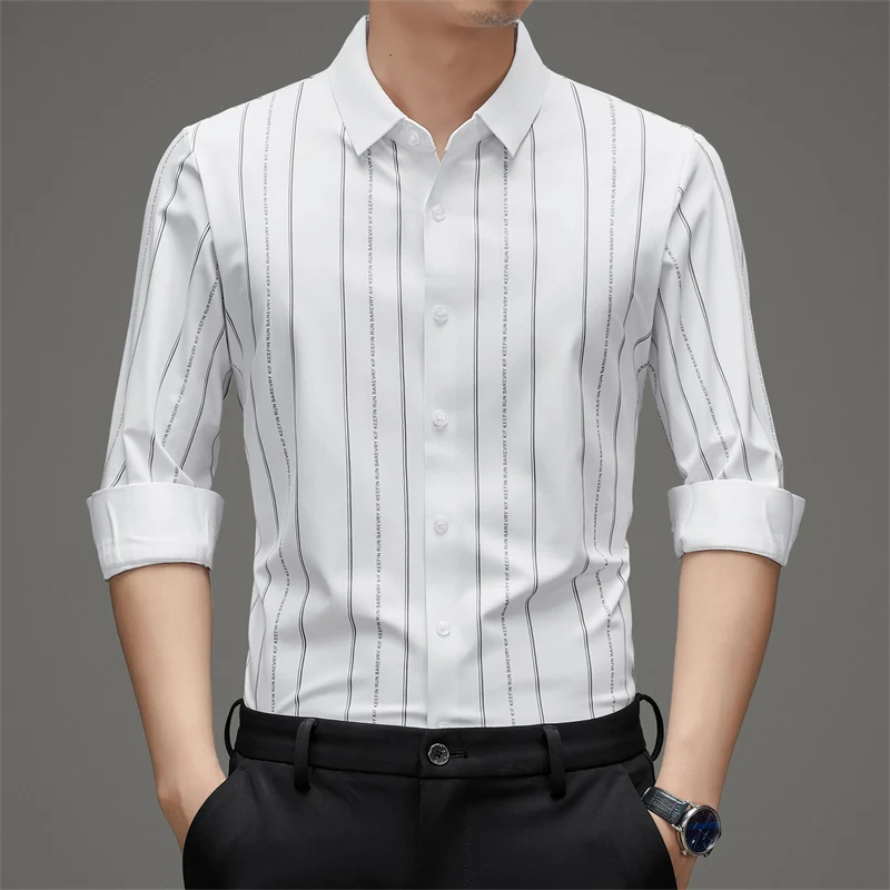 

Letter Striped Gentleman Shirts For Men Long Sleeve Regular Fit Autumn Quality Smooth Comfortable Smart Casual Camisas De Hombre