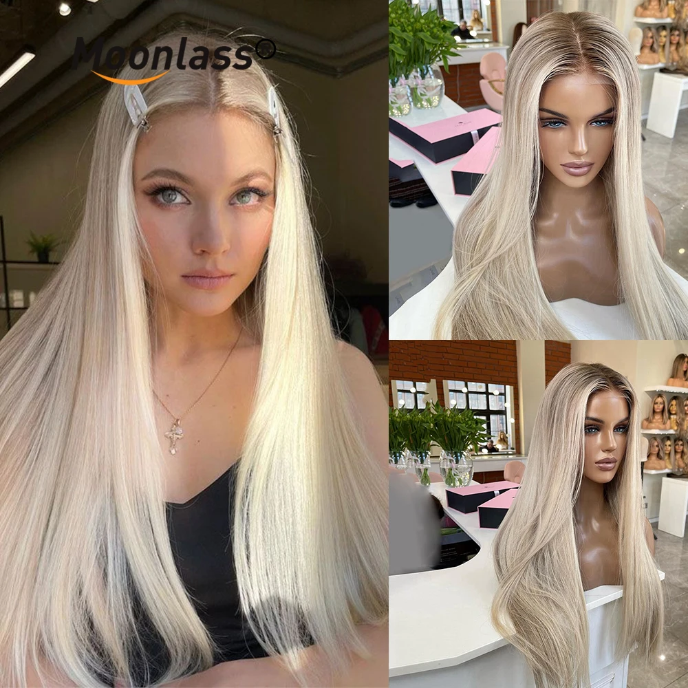 

Moonlass Ash Blonde Long Straight Hair Transparent Lace Front Wigs 100% Human Hair Wigs Horizontal Straight Hair 190% Density
