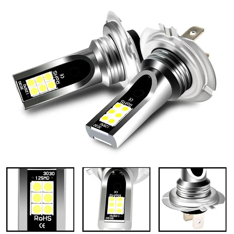 H7 12SMD Fog Lights Bulbs DC12V Mini Size Fanless Wireless for Car Headlight Auto Driving Running Lamps 6500K 360° Beam Angle