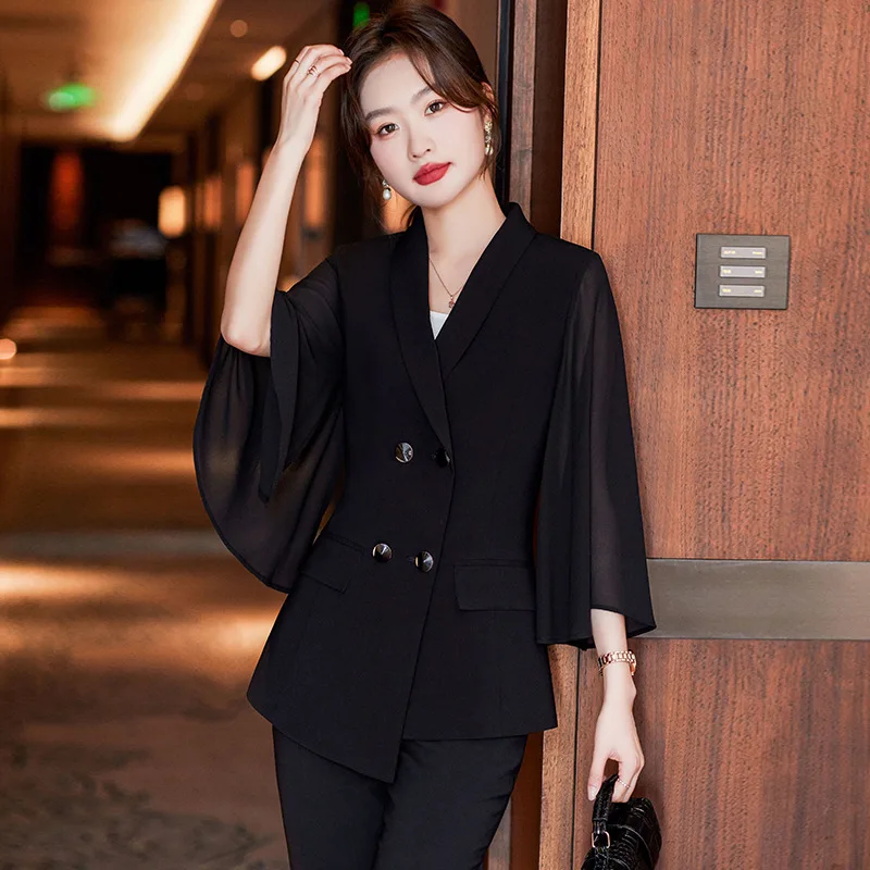 

Suit Set 2023 Early Autumn Double Breasted Ruffle Sleeve Jacket+Straight Leg Pants 2ps Fashion Commute Professional Work Clothes